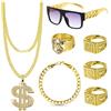 Dncvb 8 Piece Set Accessori Rapper Costume Hip Hop, Anni '80 '90 Accessori per Rapper, Collana e Anello con Segno del Dollaro Bracciale in Oro Rapper e Occhiali da Sole Per Carnevale