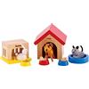 Hape Family Pets , Complete Your Wooden Dolls House with Happy Dog, Cat, Bunny Pet Set with Complimentary Houses and Food Bowls