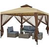 Mondeer Gazebo da giardino, 3 x 3 m, doppio tetto gazebo con 4 zanzariere, pannelli laterali per ombra e pioggia, struttura in metallo, stabile, kaki