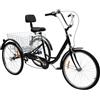 KumuJ Triciclo da 24 pollici, per adulti, 6 marce, con cestino per la spesa, cuscino per bicicletta, schienale triciclo, 3 ruote, per adulti, City Tricycle, per viaggi all'aperto, colore nero
