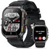 Aoekne Smartwatch Militari Uomo Bluetooth Chiamate, 1.96 Smart Watch Fitness Contapassi Cardiofrequenzimetro Pressione Sanguigna Sonno SpO2 Impermeabile Orologio Intelligente per Android IOS (Nero)