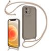 Coalbooliy Cover per iPhone 12 mini 5,4 con Cordino per Cellulare, Custodia Silicone con Regolabile Collana Sottile Morbida Case Protezione della fotocamera Antiurto con Necklace, Cachi
