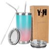 Y·J&H YJH Y·J&H - Tazza da viaggio a doppia parete isolata sottovuoto, in acciaio inox, con 2 coperchi a prova di spruzzi, 2 cannucce e spazzola per la pulizia, senza BPA, colore: turchese e rosa