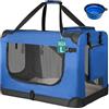 BAKAJI Trasportino per Cani e Gatti con Ciotola in Silicone Pieghevole, Gabbia per Animali Richiudibile Traspirante Borse Portaoggetti, Tracolla e Tappetino in Peluche (Blu, L 70 x 50 x 52 cm)