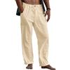 Runcati Pantaloni lunghi in lino, da uomo, per il tempo libero, leggeri, estivi, da spiaggia, da yoga, con tasche, elastico in vita, beige., L
