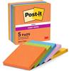 Post-it Foglietti Super Sticky, Collezione Boost, Confezione da 5 blocchetti, 90 Fogli/blocco, 76 mm x 76 mm, Colori Arancione, Verde, Rosa, Giallo, Azzurro. Per Appunti, Elenchi & Promemoria