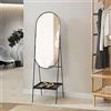 [en.casa] Specchio da Terra a Figura Intera Specchio Ovale a Inclinazione Regolabile Specchio da Pavimento con Ripiano Struttura in Metallo Nero