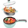 Audecook Fornello Elettrico con Vaporiera, Portatile Pentola da Viaggio Piccola Antiaderente da 1.5l, Hot Pot per Pasta, Bistecca, Pancake - Verde