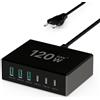 sccvee Caricatore USB C Multiplo, 120W 6-Porto Stazione di Ricarica USB GaN PD Carica Cellulare【3USB-C + 3USB-A】, Alimentatore USB C Multiplo compatibile con iPhone/Samsung/Google/Tablet (Nero)