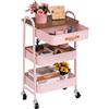 DOEWORKS Carrello con Ruote Portatutto Carrello Cucina Metallo Carrellino 3 piani dei Libri Carrello Portaoggetti con Cassetto e Maniglia Pelle per Camera Bagno Ufficio, Rosa
