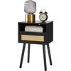 IBUYKE Comodino in rattan, tavolino boho con cassetto, ripiano aperto, comodino in legno, tavolino con gambe per camera da letto, soggiorno e piccoli spazi, Nero WNS009B