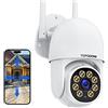 Topodome Telecamera Wi-Fi Esterno/Interno 1080P, Videocamera Sorveglianza WiFi Con Rilevazione Umana, PTZ 360 Gradi Auto Tacking, Visione Notturna Infrarossa e Color 25m, Audio Bidirezionale IP66