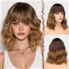 FESHFEN Parrucca Marrone Ondulato Corta con Frangia, Parrucche Donna Bob Corte Parrucca Riccia Uso Quotidiano del Partito Sintetiche Parrucche per Donna, Dal Nero al Marrone 35cm