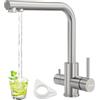 DAYONE - Rubinetto da cucina a 3 vie, 3 in 1, miscelatore per filtro dell'acqua, girevole a 360°, con 2 leve, rubinetto per acqua potabile, 3 vie, in acciaio inox SUS304, nichel spazzolato