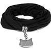 Vestopazzo sciarpa gioiello in tessuto jersey nero con pendente gatto realizzata a mano in alluminio 100% riciclato. Nickel tested AL18041