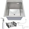 ANW HOME Lavello da cucina 40x50 cm con sifone, scolapiatti e dispenser di sapone da 350 ml, lavello da cucina in acciaio inossidabile 304 con 2 fori per rubinetto, lavello a montaggio a una vasca