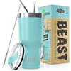 Greens Steel BEAST Tazza Termica da Viaggio - 1050 ml I Acquamarina I Doppia Parete Inox Termos Caffè Isolato I con 2 Cannucce Riutilizzabili & Spazzolino per Pulizia I Ideale per Caffè Freddo o Caldo