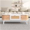 GL Store Tavolino da Salotto in Rattan con Cassetti e Ante dallo Stile Rustico Naturale, Bianco