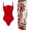 GIBZ Costume da Bagno Sexy con Set Copricostume da Donna Costume Intero con Controllo della Pancia con Fiocco Tinta Unita, Rosso, M