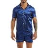 iEFiEL Pigiama da Uomo Due Pezzi Pigiama Estate Primavera Pigiama Manica Corta in Raso di Seta Camicia da Notte Pantaloncini Elastici Accappatoio Estivo Satin Sleepwear Blu Scuro XXL