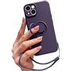Pepmune Cover con Cordino per iPhone 14 Custodia con 360° Regolabile Anello Supporto Ultra Sottile Antiurto Silicone Liquido Protettiva Cover con Laccio per iPhone 14 Viola Scuro