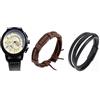 Mr. Gadget's Solutions Orologio da uomo al quarzo con display analogico con datario, cinturino in pelle nera e 2 braccialetti in pelle intrecciata, set da 3, Nero , Moderno