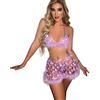 IBAKOM Set da donna metallizzato, per festival, rave, con reggiseno lucido e allacciatura al collo, minigonna, effetto bagnato, paillettes, abbigliamento da discoteca, cosplay, Viola chiaro, S