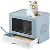 HUOLE Lettiera gatto chiusa, pieghevole con spazzola in pelliccia, cassetto, lettiera per gatti, facile da pulire e grande capacità -48,5 * 36,5 * 38 cm - blu