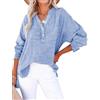 PADOLA Camicia Donna Henley Pullover Blusa a Manica Lunga Estiva Primaverile in Lino e Cotone Scollo a V Moda T-Shirt Casual Elegante(Blu,L)