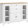HOMCOM Credenza Sala da pranzo con 2 ante vetrate 120 x 40 x 90 cm Ripiani regolabili 2 Cassetti 1 Armadio Legno Naturale e Bianco