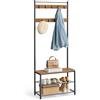 VASAGLE Appendiabiti, Armadio da ingresso, Spogliatoio, Stand appendiabiti, con panca e scarpiera, ganci, telaio in metallo, altezza 175 cm, stile industriale, marrone noce e nero HSR041B41