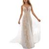 Boan Vestito da donna sexy, maxi vestito lungo a traino in raso con motivo floreale, scollo a V, schiena nuda, per serata, cerimonia, matrimonio, ballo, elegante bianco S