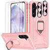 Wiaocit 5 in 1 Cover per Samsung Galaxy A55 5G + 2 Pezzi Vetro Temperato + 2 Pezzi Protezione Fotocamera, 360 Girevole Regolabile Ring Armor Bumper TPU Case Supporto Cellulare Silicone-Oro rosa