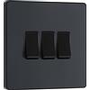 British General BG Electrical - Interruttore triplo da parete, 2 vie, piastra frontale senza viti, bordi arrotondati, Evolve, grigio opaco, 20A, 16AX, PCDMG43B