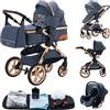 YAZOCO Passeggino Trio 3 in 1 Carrozzina Ovetto Pieghevole Set Viaggi Passeggino Neonato Sedili Parapiedi Zanzariere Carrozzina Multifunzionale (5 blu)