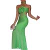 Qianderer Abito da donna lavorato a maglia con scollo all'americana slim fit con ritaglio scavato senza maniche vedere attraverso fiore 3D tinta unita abito lungo per party club, Verde, S