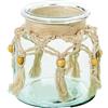 DRW Vaso portacandele in vetro con corda in trasparente e naturale, 14 x 14 x 15 cm