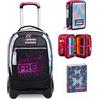 Seven S.p.a. Trolley Scuola JACK SEVEN 2 RUOTE - FEELING FREE, Nero + Astuccio 3 Zip Con Contenuto per la Scuola - Bambina, Multicolore + Diaro 12 Mesi Standard, Blu