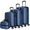 NUMADA - Set di valigie 4pzs (53/63/75cm) e borsa da toilette Blu Navy, ABS Resistente, Leggero con 4 ruote doppie e lucchetto combinazione laterale
