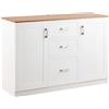 Brigros WeHome - Credenza Bianca Con Top In Legno, Madia Soggiorno Moderna, Credenza Cucina, 2 Ante Laterali e 3 Cassetti Centrali Con Piano Color Rovere 120x83x40, Mobile Ingresso