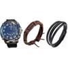 Mr. Gadget's Solutions Orologio analogico al quarzo da uomo, quadrante grande con data e cinturino in pelle e 2 pezzi bracciale in pelle regolabile moda punk intrecciato set di 3, Quadrante blu navy