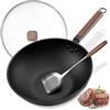 Yhngly Wok Antiaderente in Acciaio al Carbonio con Coperchio 33cm/5,6L - Padelle Senza Rivestimento Chimico - Adatto a Tutti i Fornelli