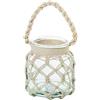 DRW Vaso portacandele in vetro con corda in trasparente e naturale, 15 x 15 x 16 cm