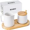 MIAMIO - Set per Servizio Zucchero e Panna con Coperchio e Cucchiaio/Accessori per Bar da Caffè in Ceramica - Adatto per Forno a Microonde e Lavastoviglie (Bianco)