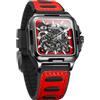 FORSINING Orologio da polso da uomo, impermeabile, con scheletro, automatico, stile steampunk, con cinturino in silicone, luminoso, quadrato, Colore: rosso.