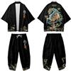 DAYKET Set Kimono Tradizionale, Completo Pigiama da Uomo Kimono in Stile Giapponese, Set Top + Pantaloni Taglie Forti,Black-XS