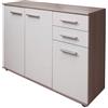 Dmora - Credenza Benifaio, Buffet moderno a 3 ante e 2 cassetti, Madia lineare con ripiani, Cm 103x35h70, Bianco e Rovere