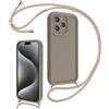 Coalbooliy Cover per iPhone 15 Pro Max 6,7 con Cordino per Cellulare, Custodia Silicone con Regolabile Collana Sottile Morbida Case Protezione della fotocamera Antiurto con Necklace, Cachi