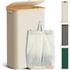 Youdenova Cesto portabiancheria con coperchio, 48 l, alto e stretto, con sacco per la biancheria, pieghevole, in legno di bambù, beige