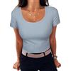 Aottori T-Shirt Donna Estivo Manica Corta Maglietta a Coste con Girocollo Basic Shirt Aderente Elasticizzato Top Sexy Blu S
